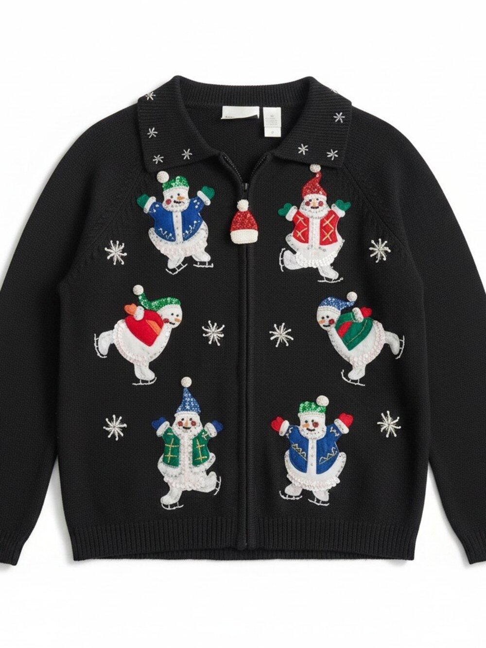 Vtg Fashion Bug Size Medium 3D Embellished Knit Snowman Black Christmas Sweater
